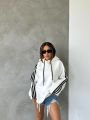 Kapüşonlu Şeritli Oversize Salaş Uzun Sweatshirt Beyaz - L