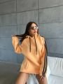 Kapüşonlu Şeritli Oversize Salaş Uzun Sweatshirt Kavun Rengi - L