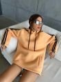 Kapüşonlu Şeritli Oversize Salaş Uzun Sweatshirt Kavun Rengi - L