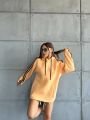 Kapüşonlu Şeritli Oversize Salaş Uzun Sweatshirt Kavun Rengi - L