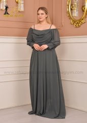 Şifon Açık Omuz Maxi Plus Size| Haki