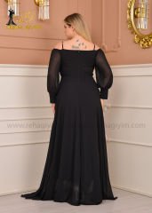 Şifon Açık Omuz Maxi Plus Size|Siyah