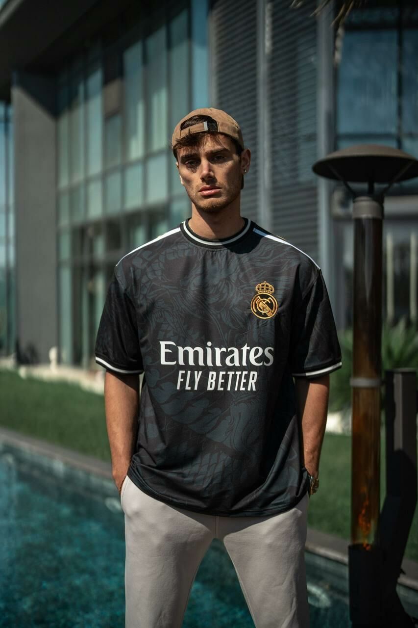 Real Madrid Ejderha Desenli Oversize T shirt 2 plik Likral Siyah M