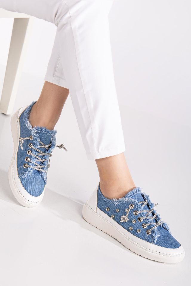 Suins İlaria Kadın Taşlı Spor Ayakkabı Lastikli Sneaker Günlük Mavi - 40