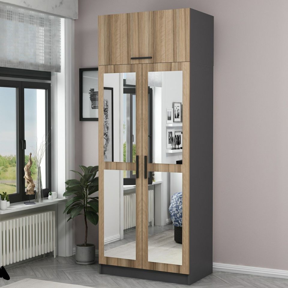 Kayra Kayra 2 Doors 2 Mirrors Wardrobe and Chest Anthracite Gold