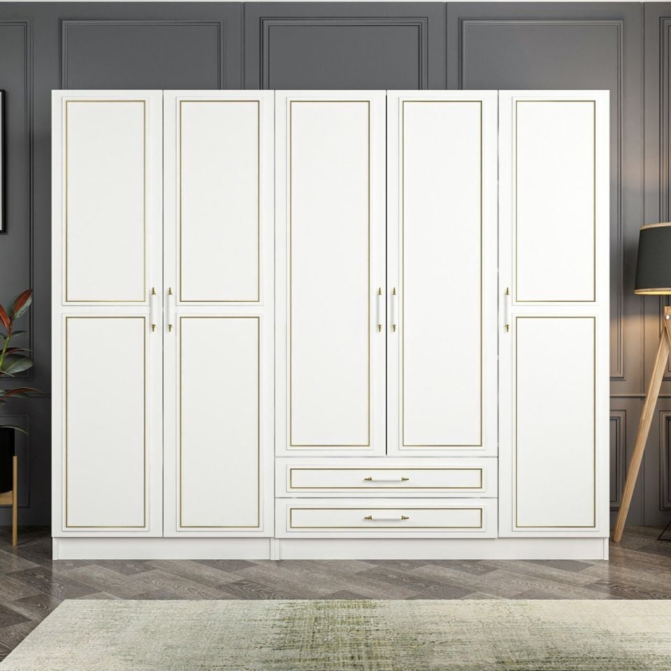 Kayra Gold 5 Doors 2 Drawers Cabinet - White