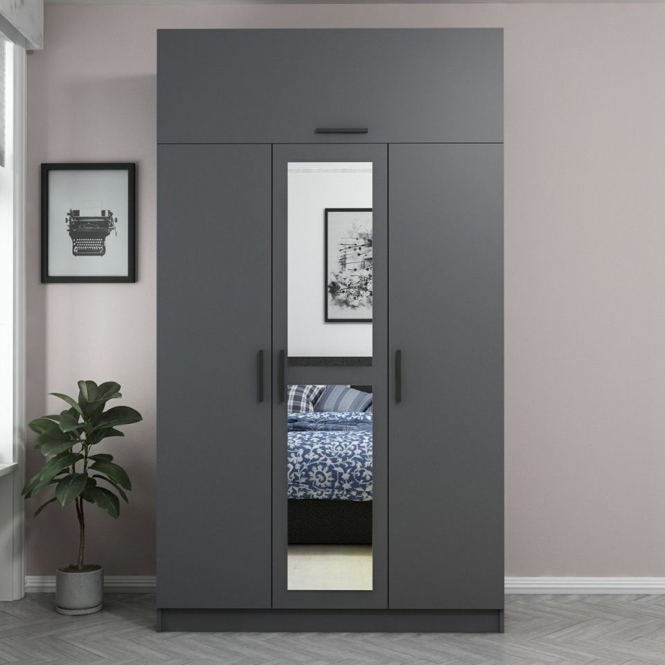 Kayra Kayra 3 Doors, 1 Mirror, 2 Drawers Wardrobe and Chest Anthracite