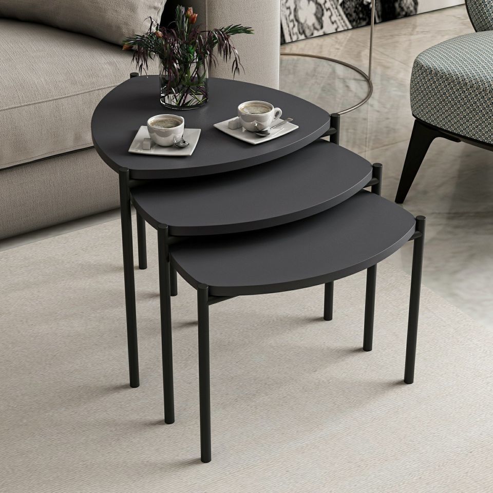 Kayra Lenny 3-Piece Nesting Table with Metal Legs - Anthracite