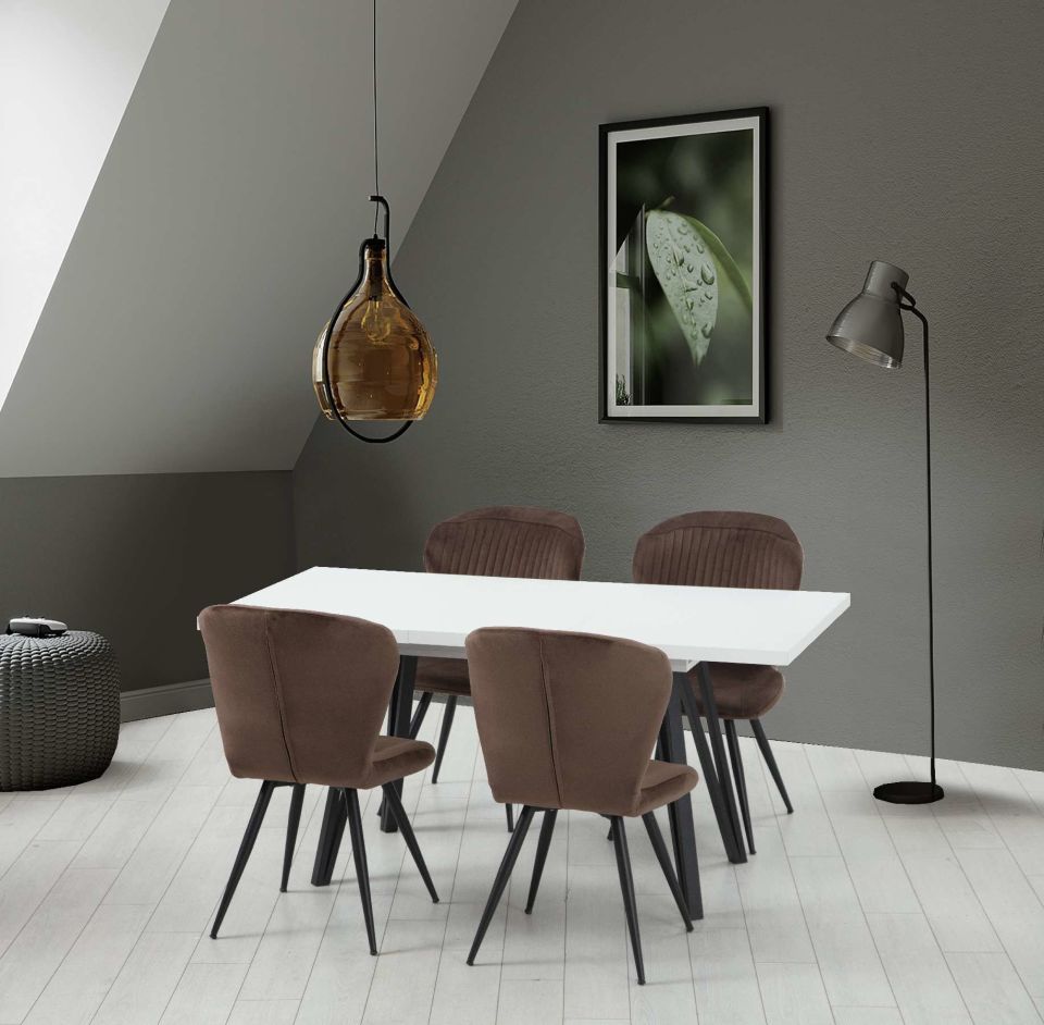 Harvey White Dining Table Set + 4 Biga Chairs Brown