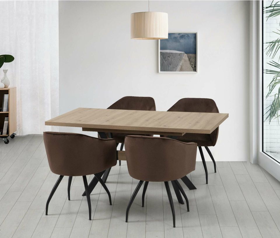 Hugo Artisan Dining Table Set + 4 Sinop Chairs Brown