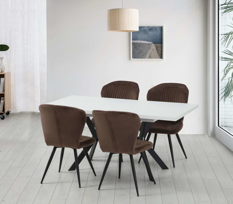 Hugo White Dining Table Set + 4 Biga Chairs Brown