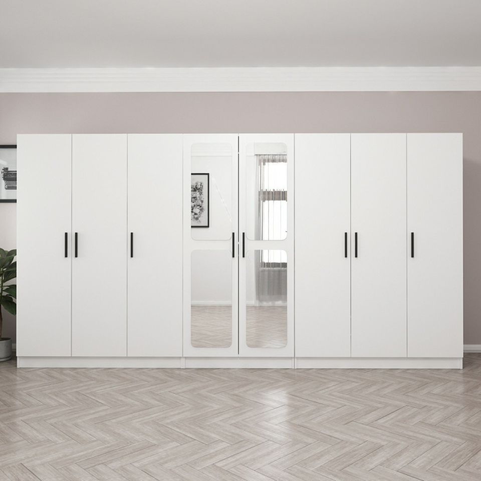 Kayra 8 Doors Mirrored 4 Drawers Chain Cabinet - White