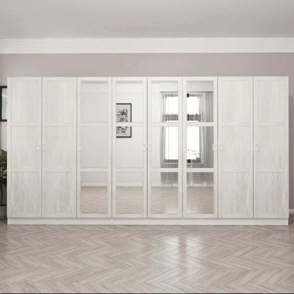 Kayra Country 8 Doors Mirrored 4C Chain Wardrobe - Antique White