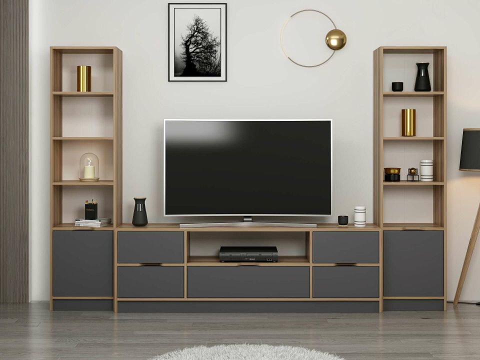 Elina Set 4 Tv Unit + 1K Bookshelf - Dore/Anthracite