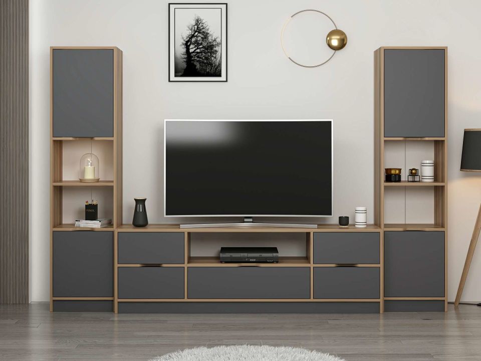 Elina Set 5 TV Unit + 2K Bookshelf - Dore/Anthracite