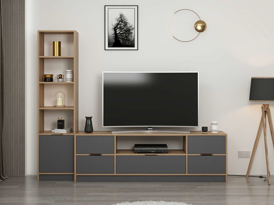 Elina Set 6 Tv Unit + 1K Bookshelf - Dore/Anthracite