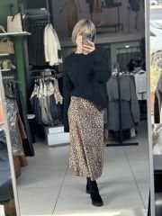 Leopar Desen Midi Boy Saten Etek