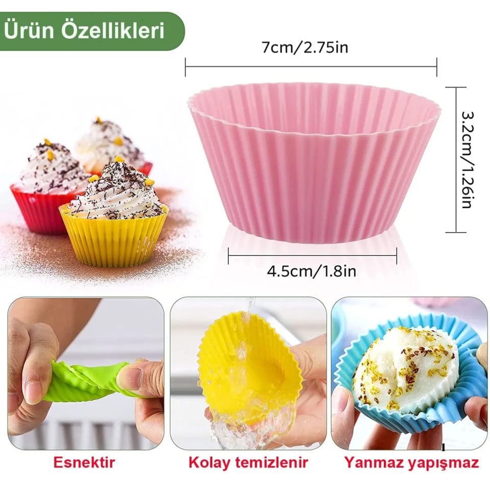 12 Adet Silikon Muffin  Cupcake,  Browni Mini Kek Kalıbı Renkli