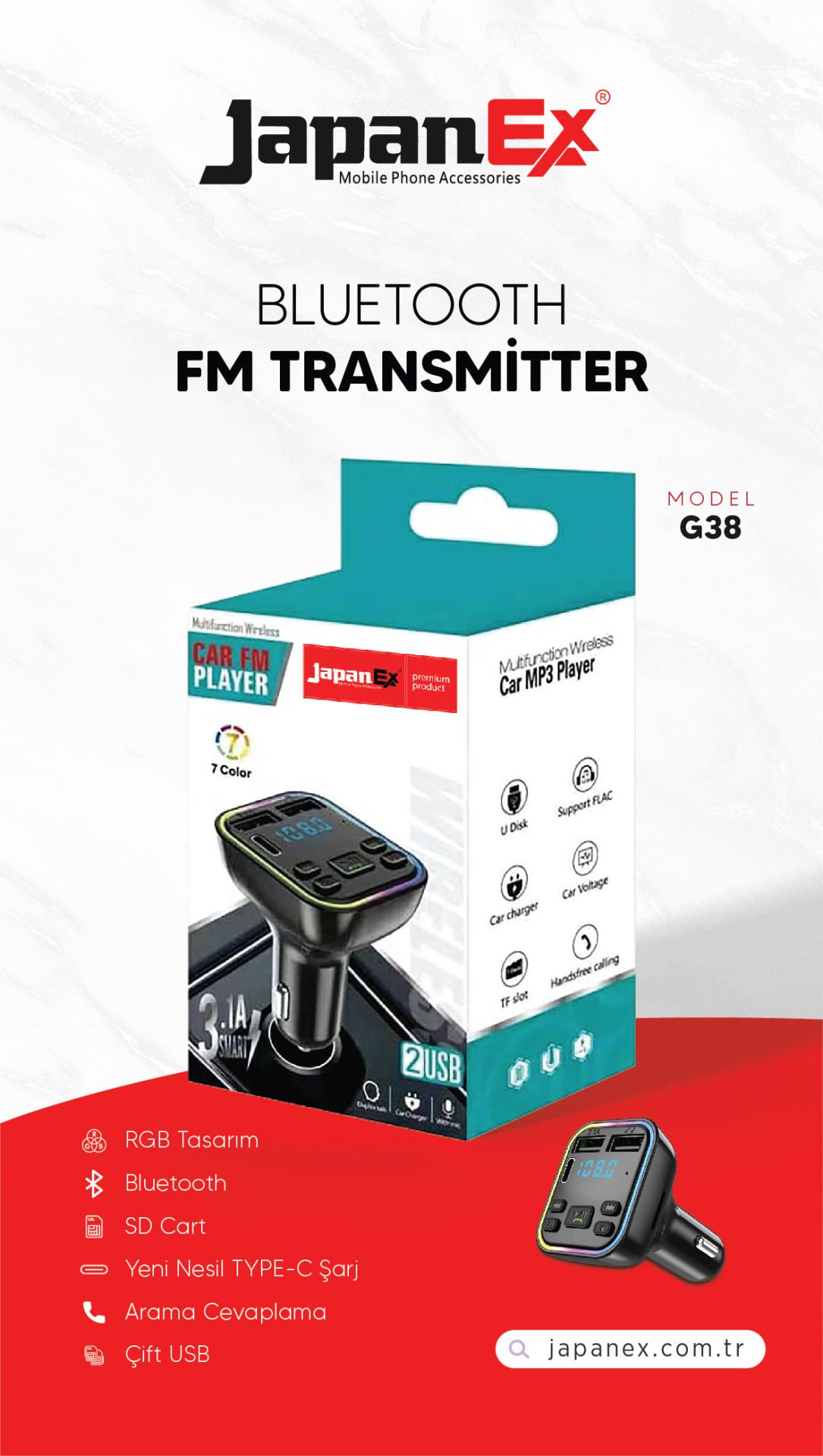 JAPANEX ÇİFT USB & PD FM TRANSMİTTER G39