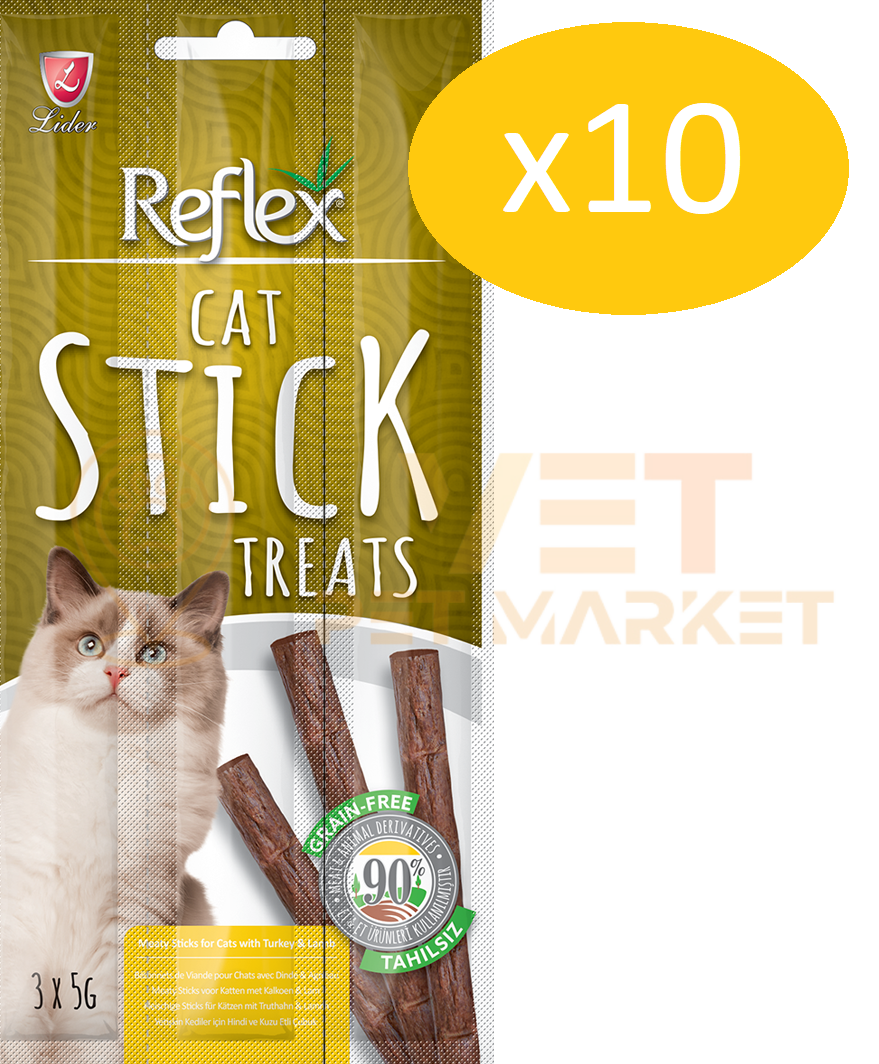 10 Adet Reflex Hindili ve Kuzulu Tahılsız Yetişkin Kediler için Ödül Çubuk - 3x5gr