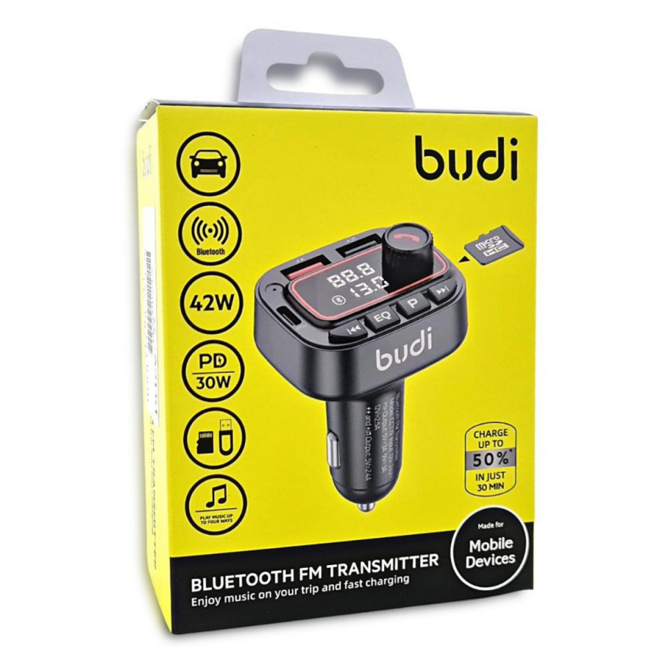 Budi Araç İçi Şarj Bluetooth v5.0 Çift USB-A Bağlantı Noktası Mikro SD Kart Yuvasını Destekleyin Led Ekran