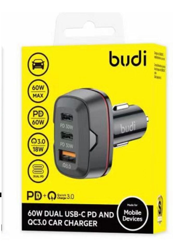 Budi Araç İçi Güçlü 60W Çift USB-C PD ve OC3.0 Araç Şarj Cihazı Aynı Anda İki Cihaz İçin Hızlı ve Verimli Şarj