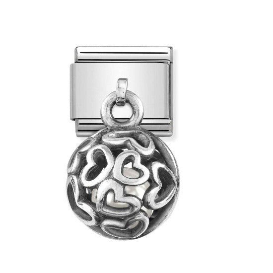 331810/01 Hearts Charm with White Crystal Pearl in Silver