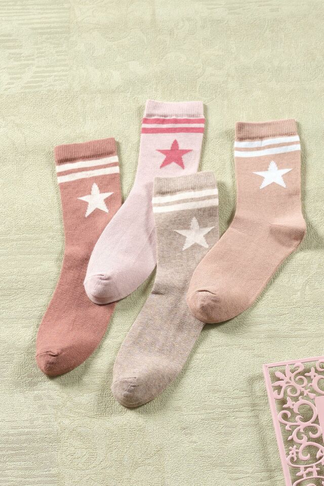 4 Çift Kadın Uzun Çorap | Yıldız Desen Extra Soft Unisex Pamuklu Çorap