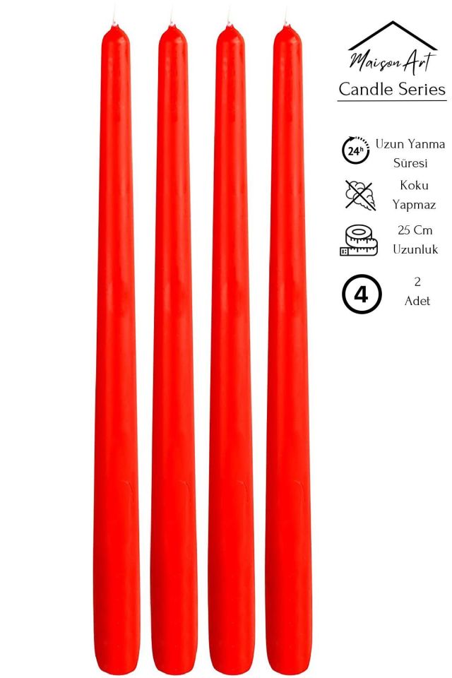 Şamdan Mumu | 4 Adet | Kırmızı Renk Konik Şamdan Mumu