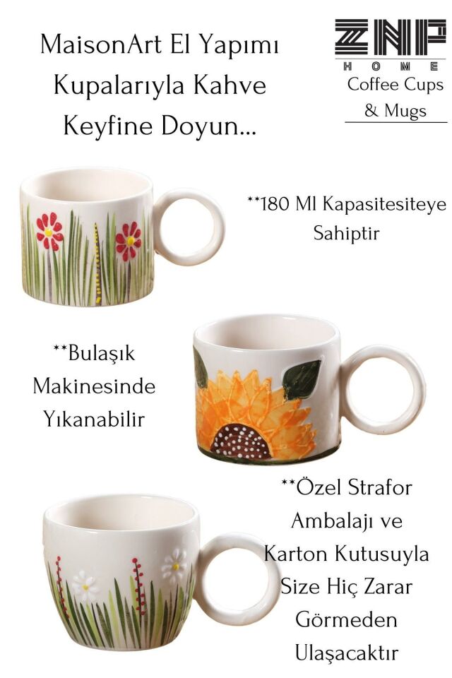 Flower | 2 Adet Seramik Kupa Fincan Bardak Mug Seramik Double Türk Kahve Fincanı