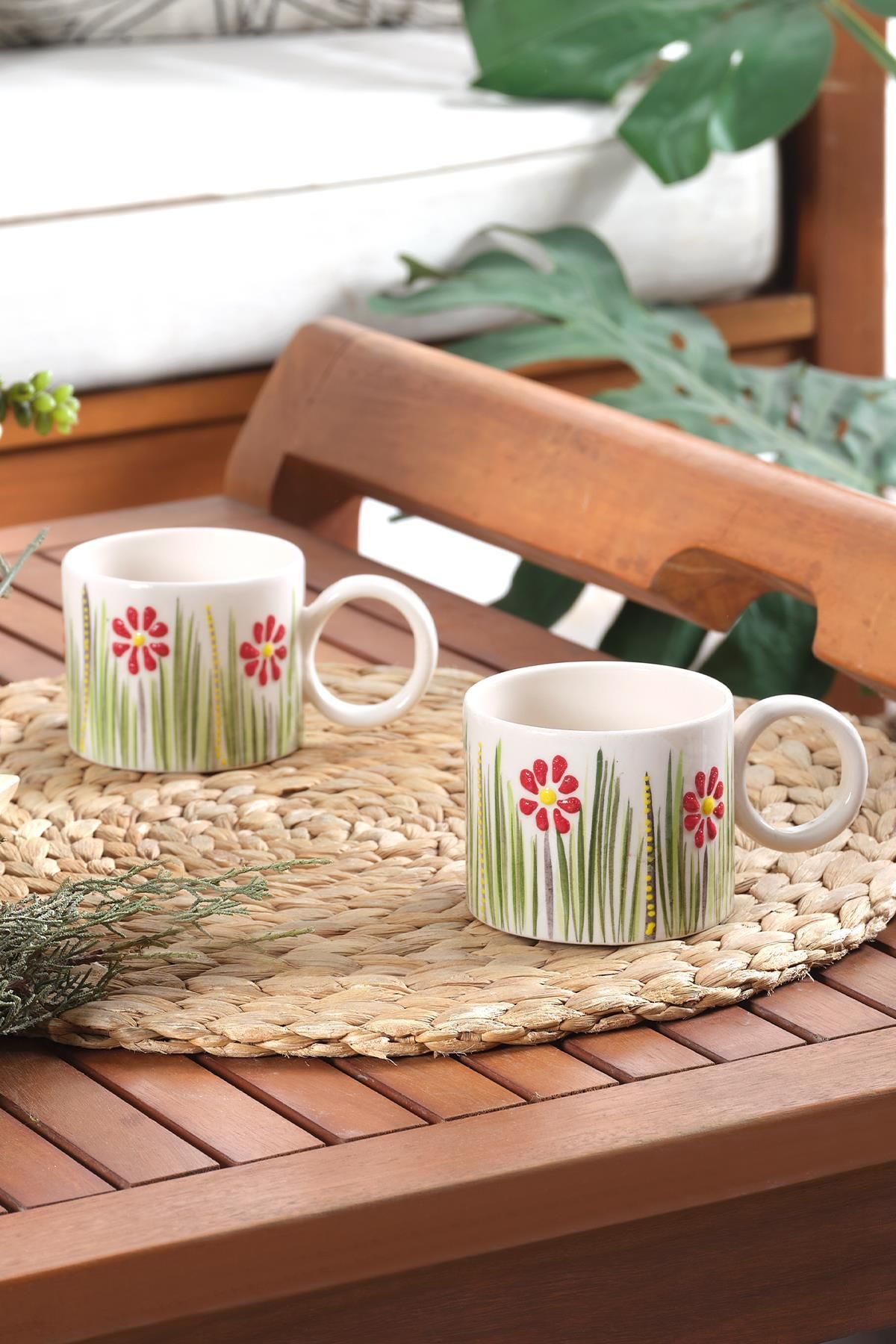 Flower | 2 Adet Seramik Kupa Fincan Bardak Mug Seramik Double Türk Kahve Fincanı