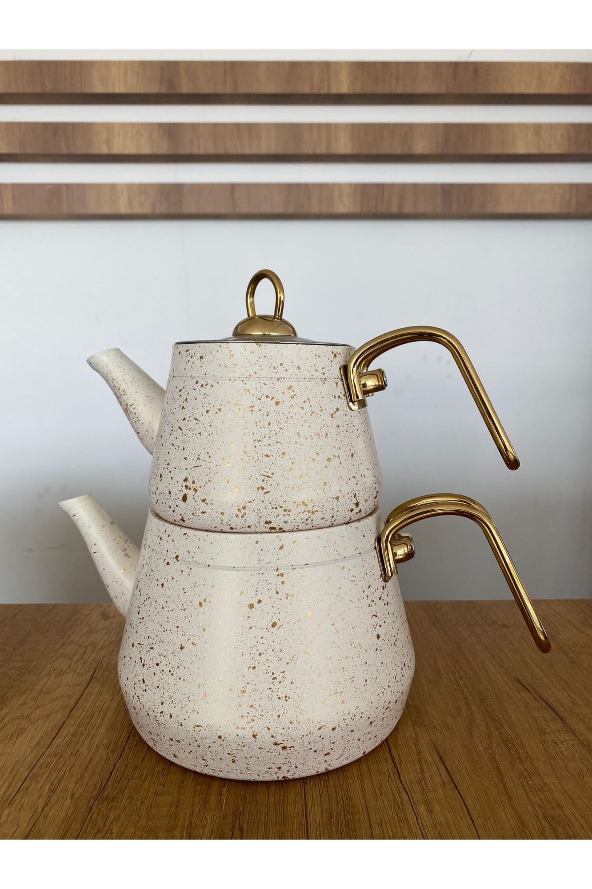 GÖKDİL Metal Beyaz Gold Renk Kulplu Cam Kapaklı Granit Çaydanlık