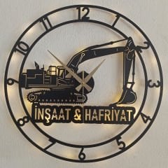 İnşaat ve Hafriyat Temalı Işıklı MDF Duvar Saati - Şantiye ve Ofis İçin Özel Tasarım Saat