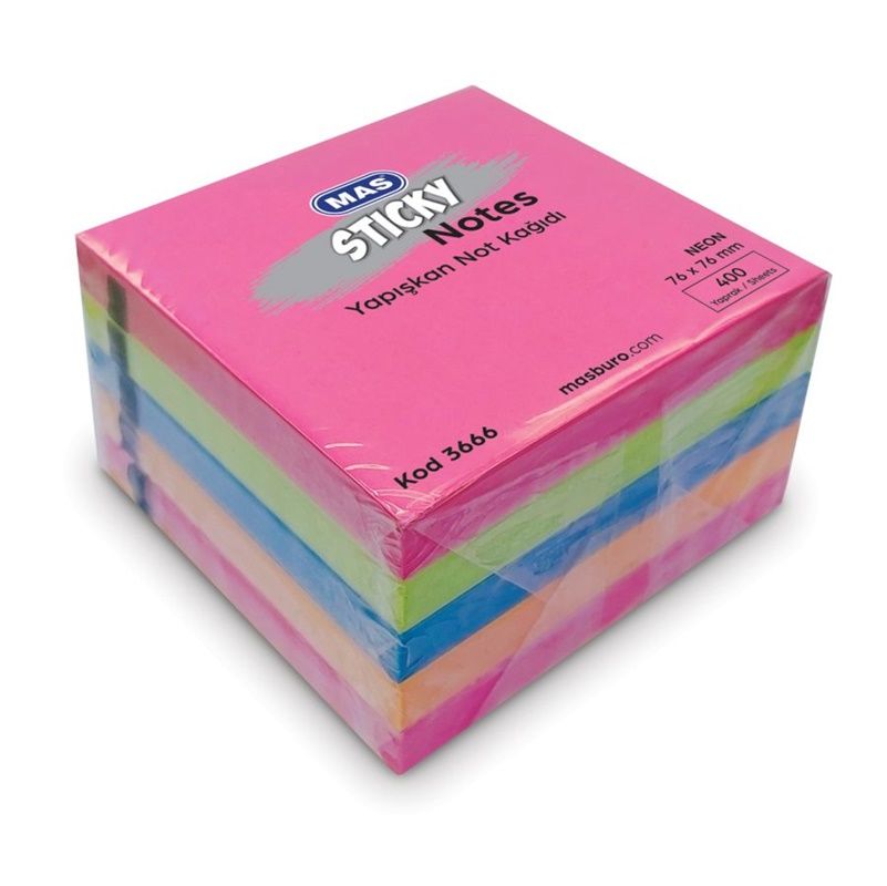 Mas 3666 Yapışkanlı Not Kağıdı 76 x 76 mm 400 Yaprak Karışık Neon Renk