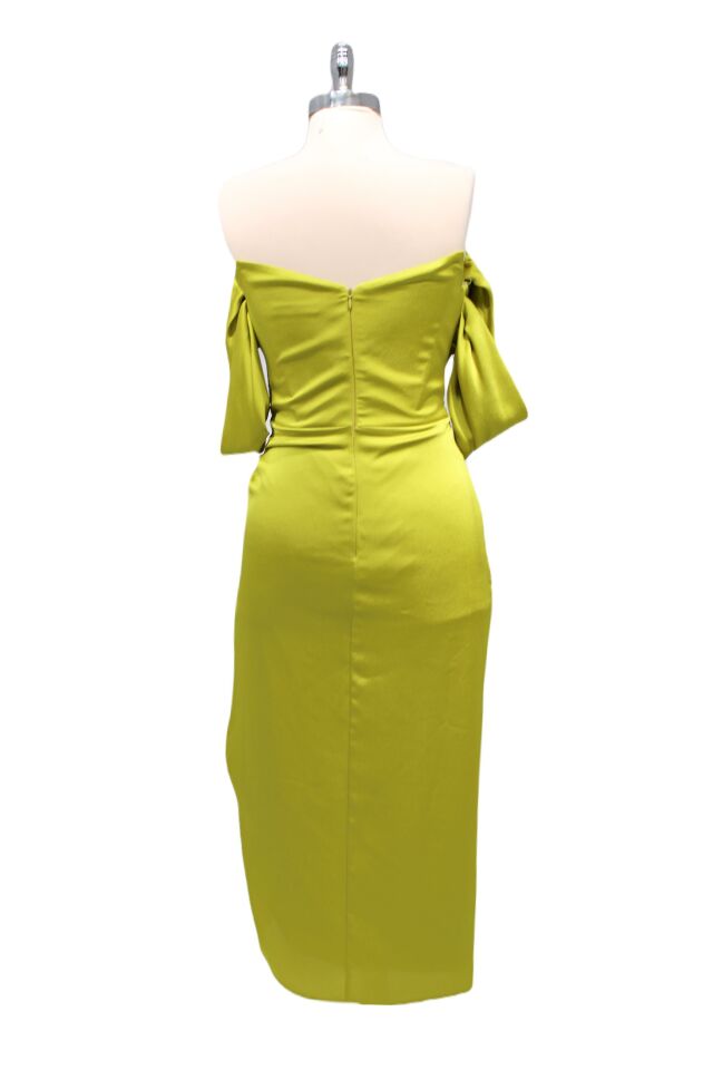 Hot Contact Yağ Yeşili Düşük Kol Straplez Drapeli Yırtmaçlı Açık Elbise