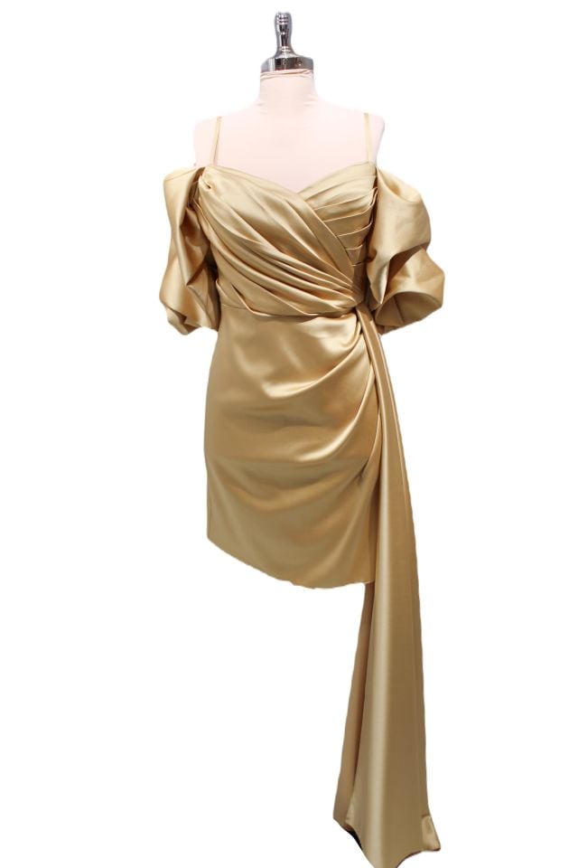 Hot Contact Gold Askılı Balon Kol Yanı Kuyruklu Mini Elbise