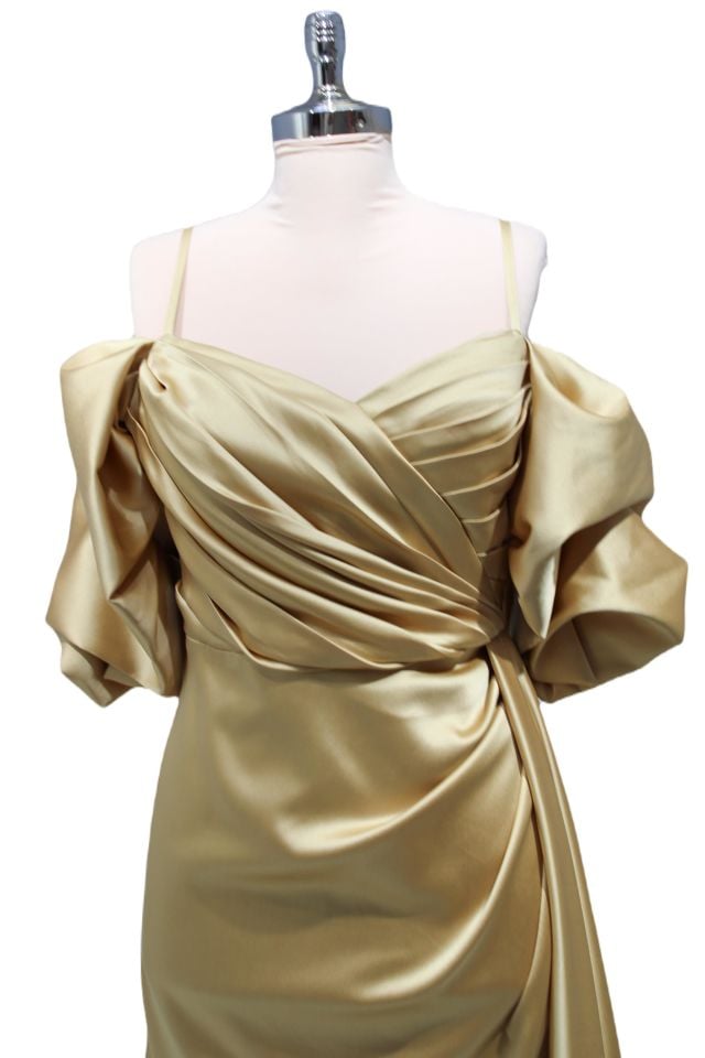 Hot Contact Gold Askılı Balon Kol Yanı Kuyruklu Mini Elbise
