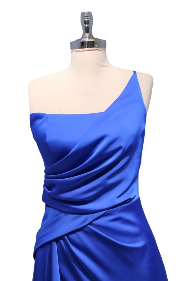 Hot Contact Sax Mavisi Tek Askılı Tek Omuz Drapeli Açık Elbise