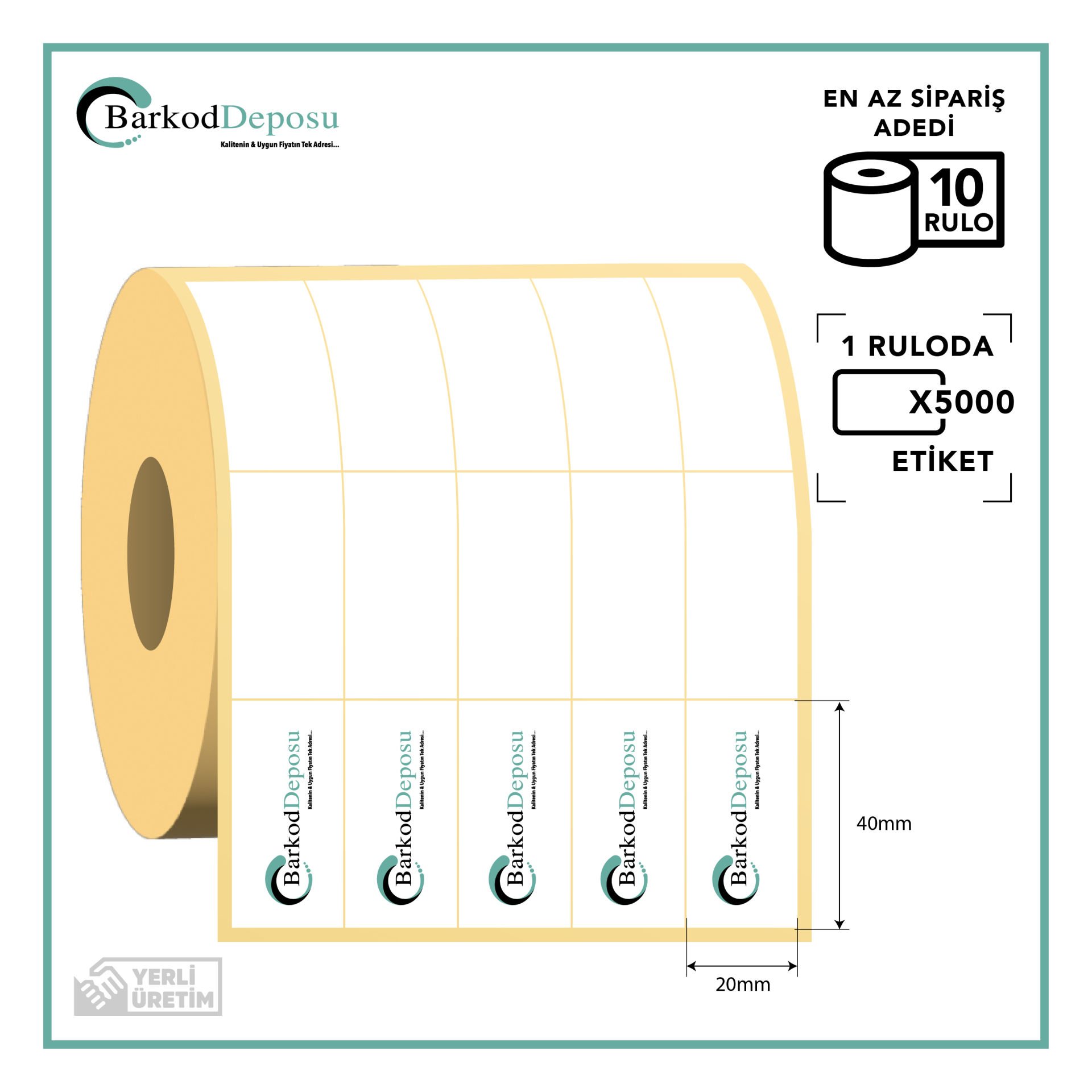 20x40 5'Li Bitişik Termal Barkod Etiketi 5000 Sarım