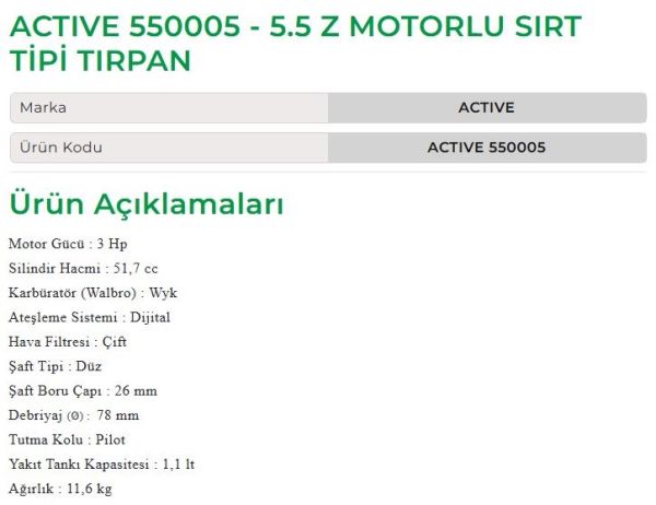 Active 550005 - 5.5 Z Motorlu Sırt Tipi Tırpan