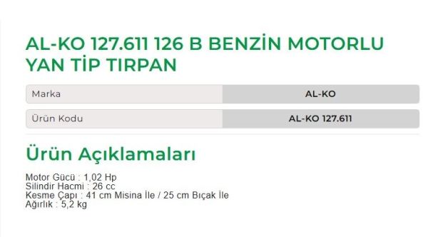 AL-KO 127.611 - 126 B Benzin Motorlu Yan Tip Tırpan