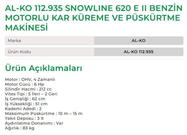 AL-KO 112.935 - Snowline 620 E II Benzin Motorlu Kar Küreme ve Püskürtme Makinesi
