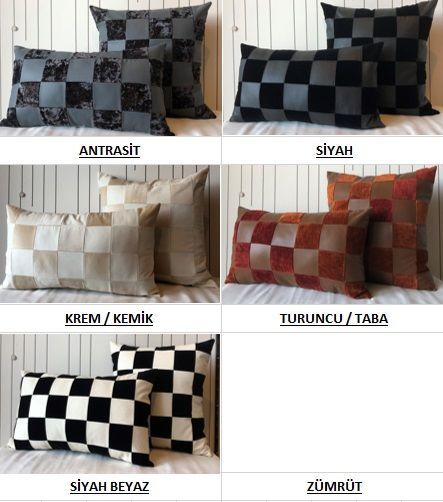 Patchwork Damalı Kadife ve Suni Deri Kırlent - Siyah Beyaz