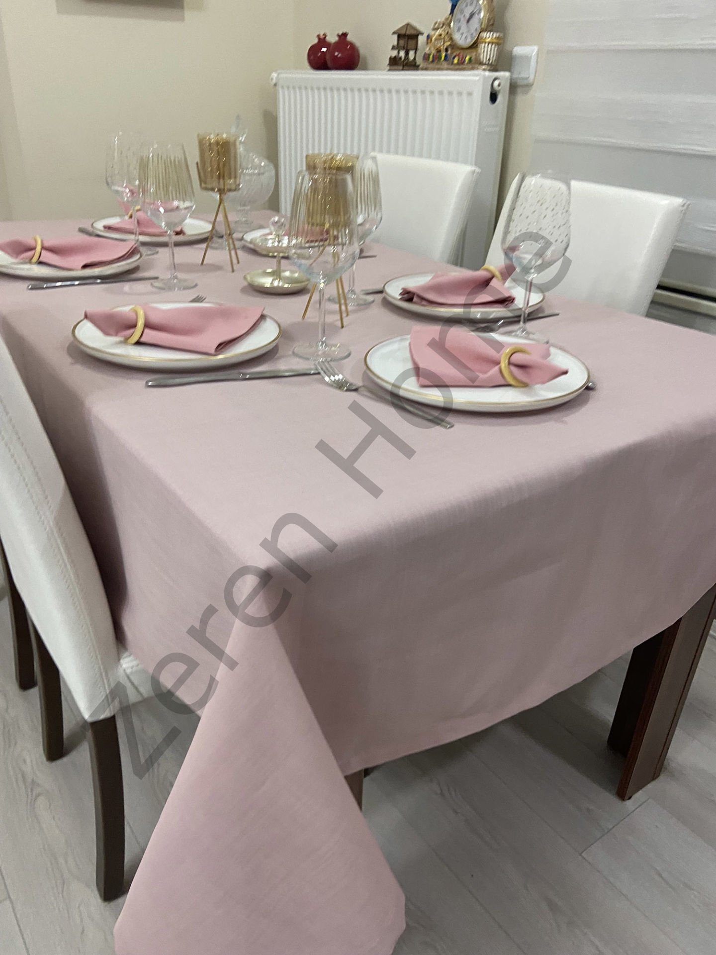 Zeren Home Keten Görünümlü Dertsiz Masa Örtüsü Pudra Pembe