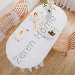 Zeren Home Sıvı Geçirmez Dertsiz Oval Masa Örtüsü Beyaz