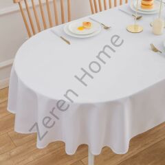 Zeren Home Sıvı Geçirmez Dertsiz Oval Masa Örtüsü Beyaz