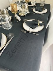 Zeren Home Keten Görünümlü Dertsiz Masa Örtüsü Füme