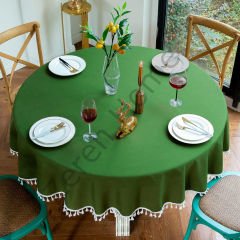 Zeren Home Püskül Detaylı Sıvı Geçirmez Yuvarlak Masa Örtüsü Yeşil