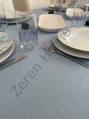 Zeren Home Püskül Detaylı Sıvı Geçirmez Yuvarlak Masa Örtüsü Mavi