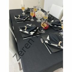 Zeren Home Keten Görünümlü Simli Dertsiz Masa Örtüsü Siyah 25 Parça